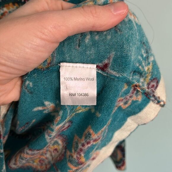 Garnet Hill 100% Merino Wool Paisley Print Button Down Top Cardigan Teal - Picture 5 of 7